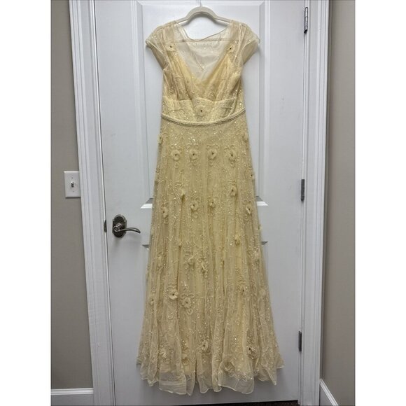 MAC DUGGAL Size 14 Yellow 70274 Embellished Illusion Cap Sleeve Formal Gown $598 - Picture 4 of 11